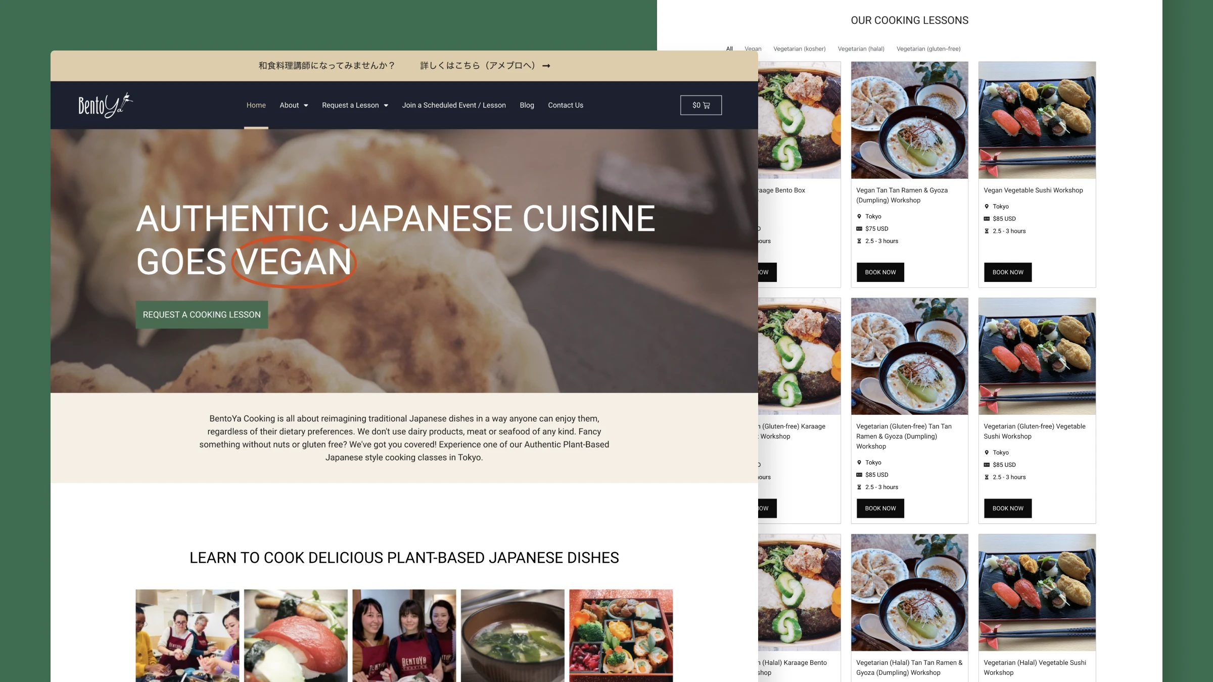 Bentoya Cooking website showing cooking class booking interface