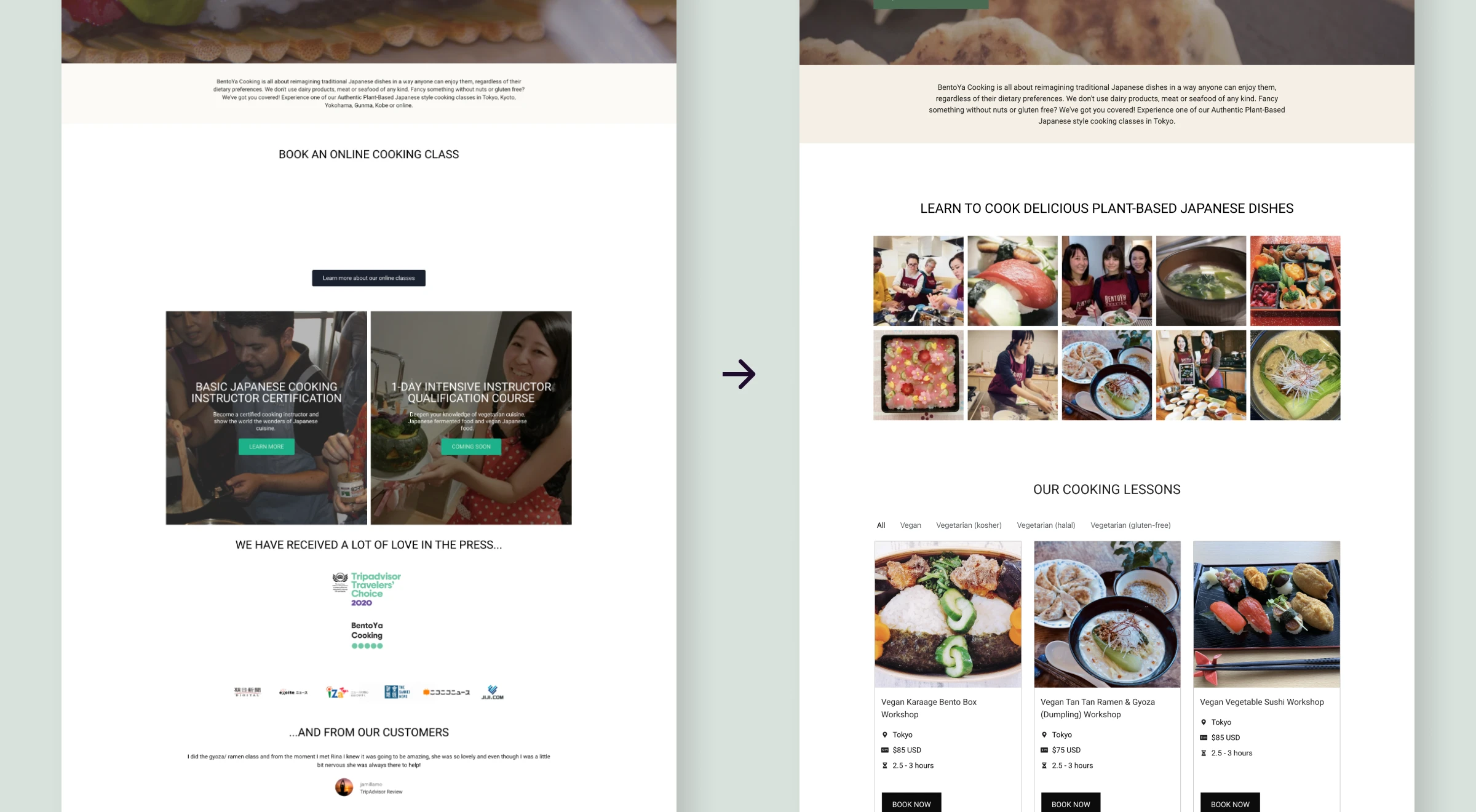 Bentoya Cooking homepage showing featured classes