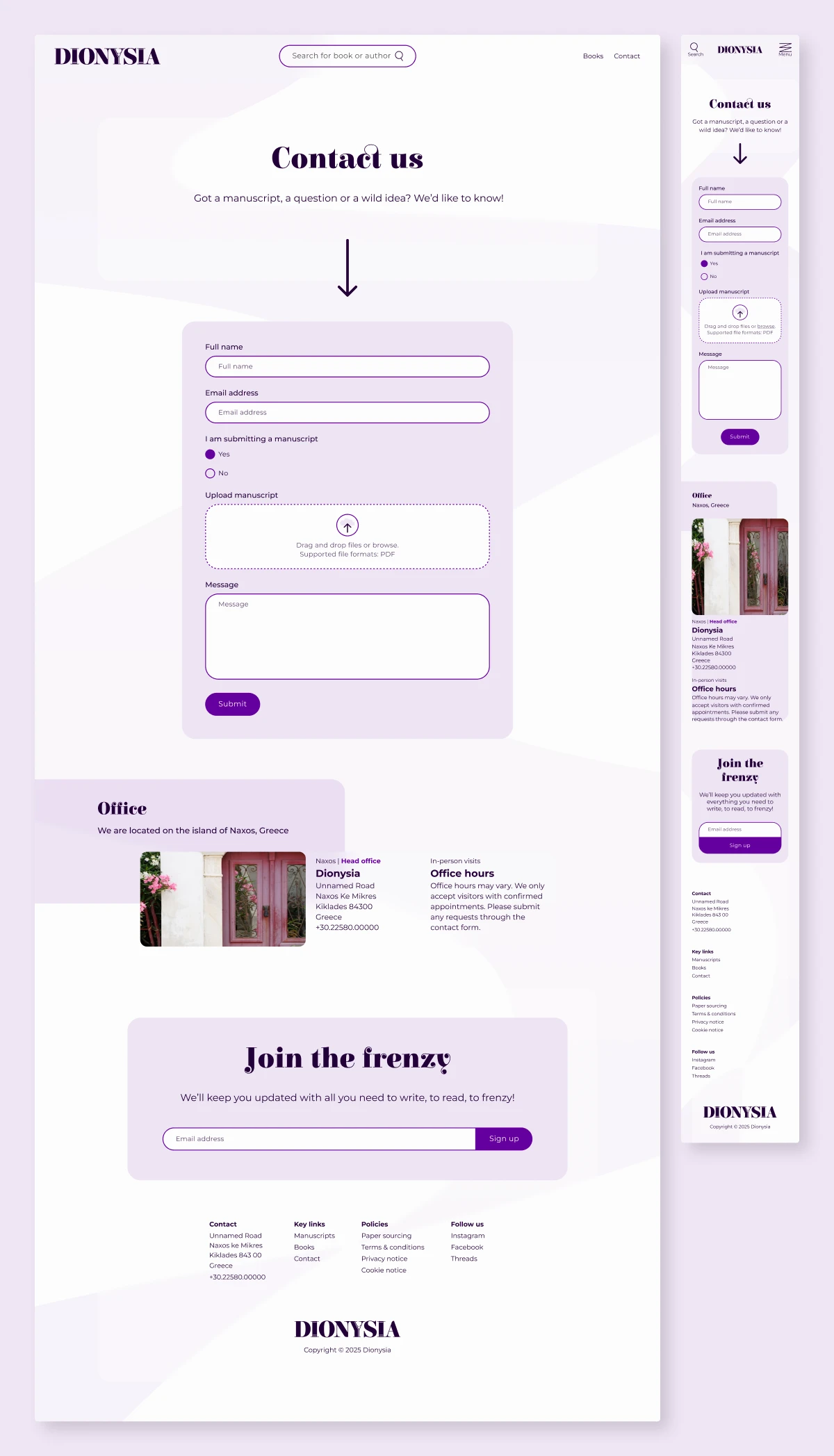 Dionysia contact page design