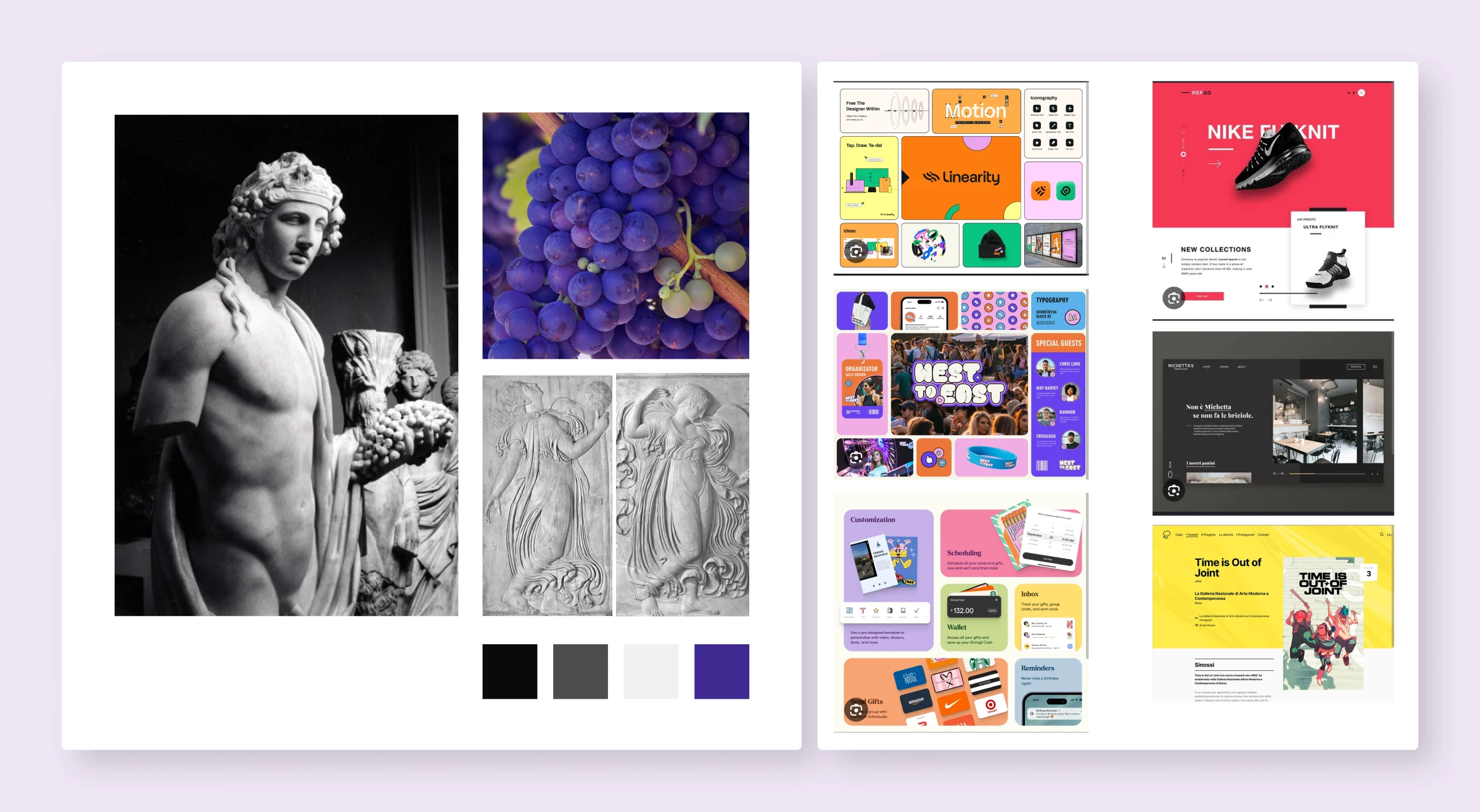 Moodboard exploring color palettes, editorial layouts, and mythological imagery