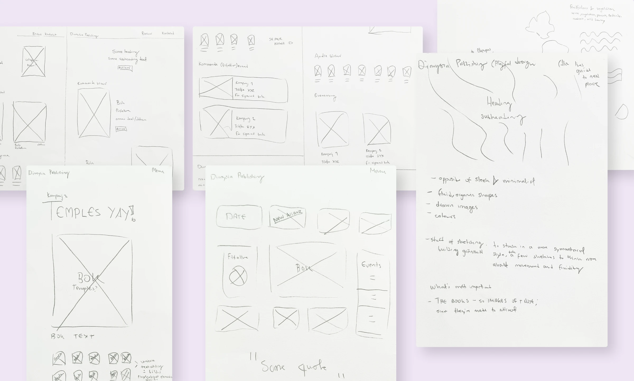 Paper sketches exploring layout structure, campaign pages, and organic fluid elements.