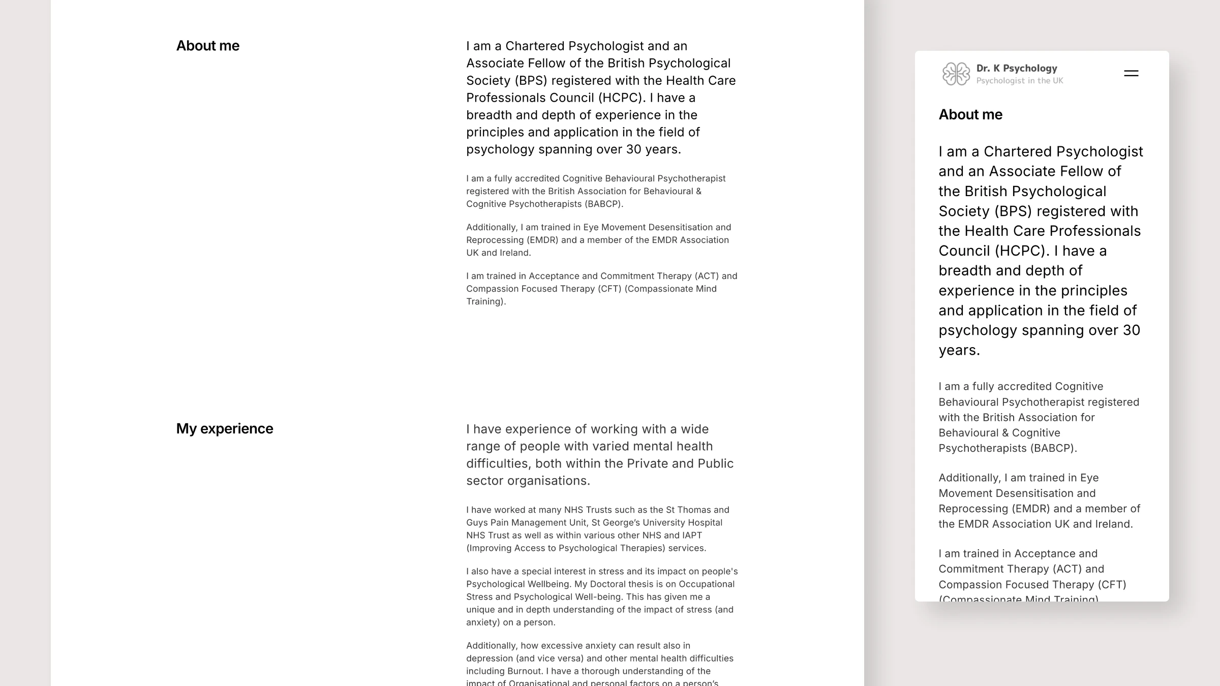 Dr. K Psychology about and experience section