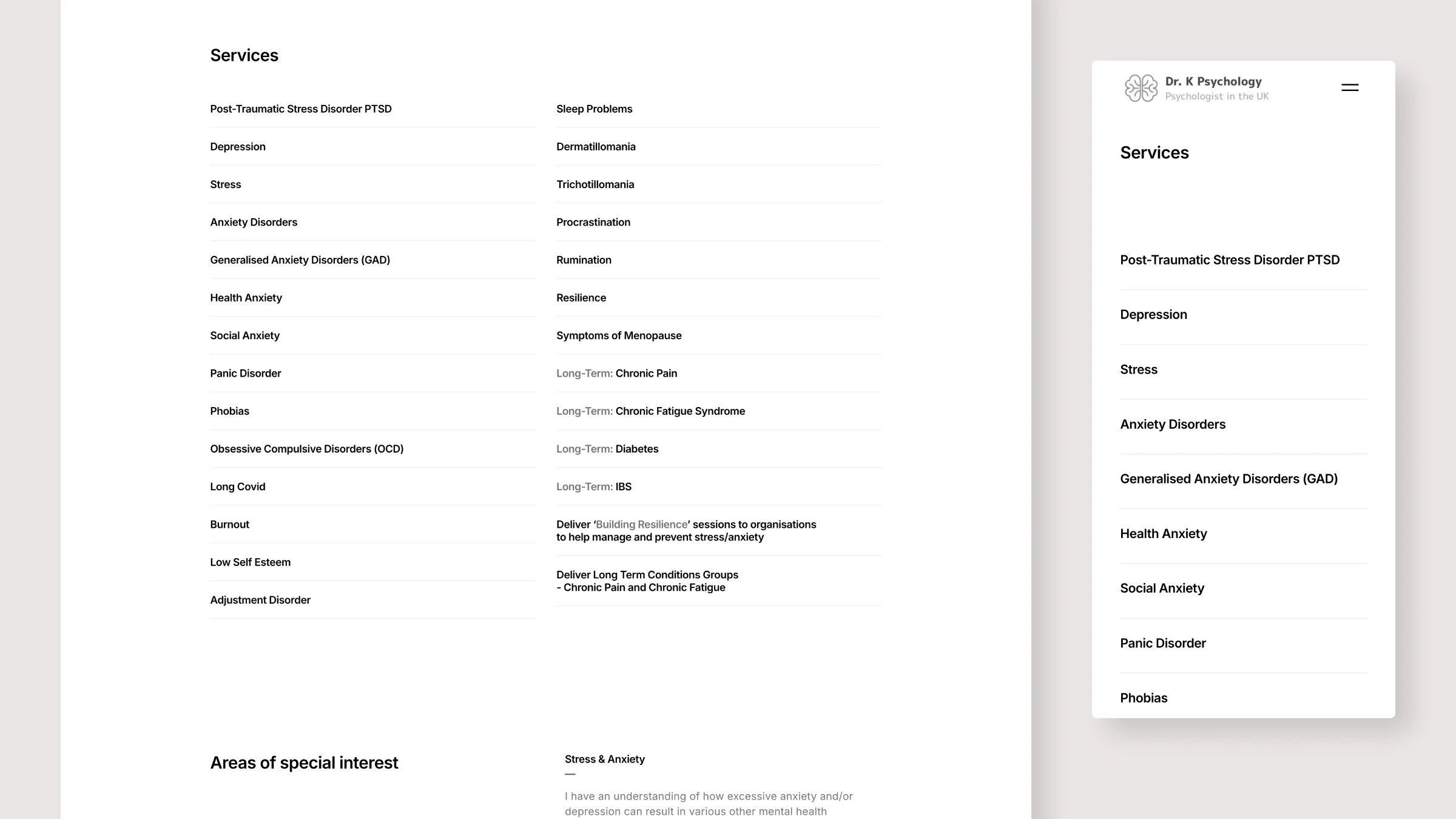 Dr. K Psychology services and areas of special interest