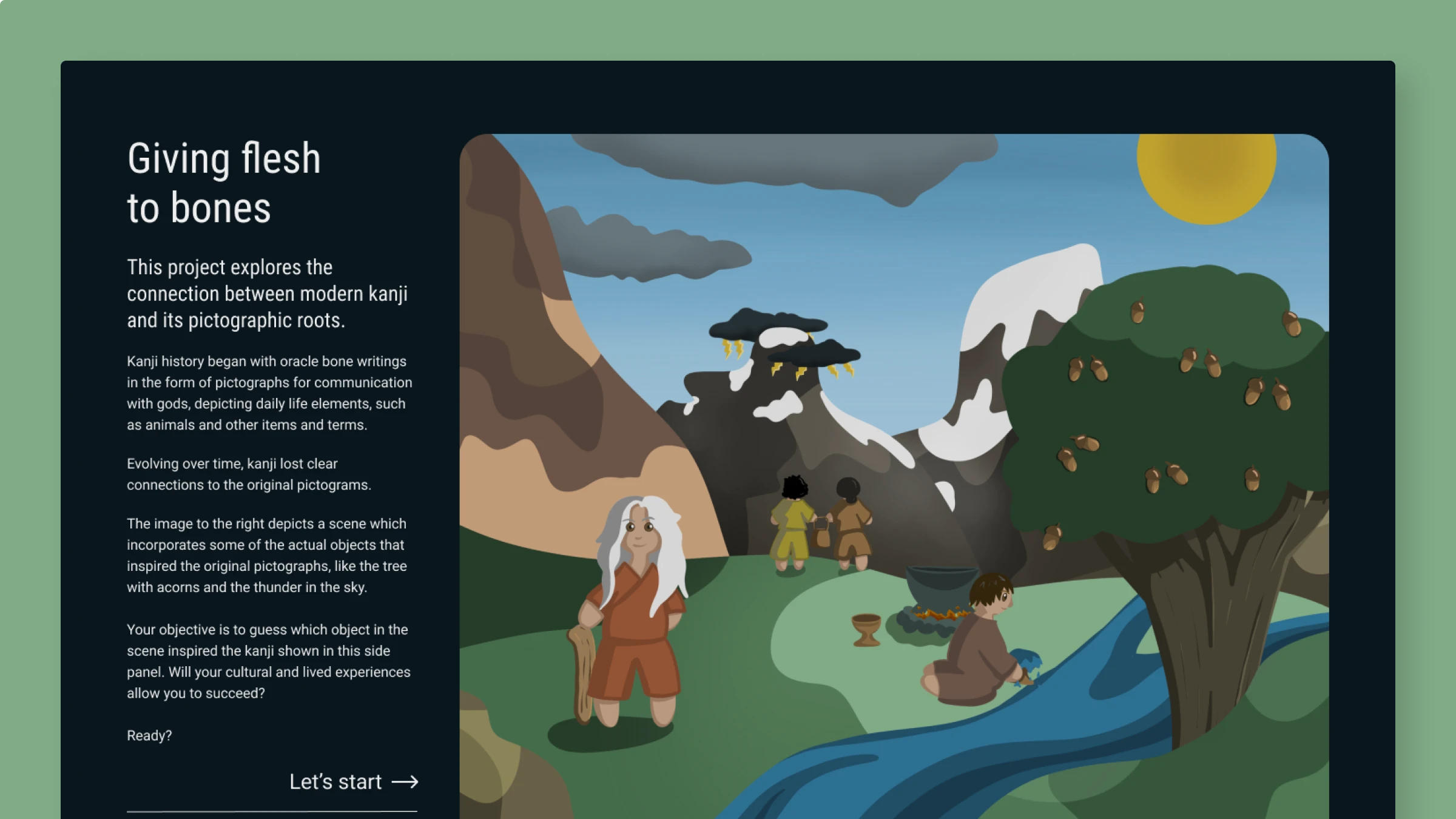 Kanji narrative matching game interface showing character connections