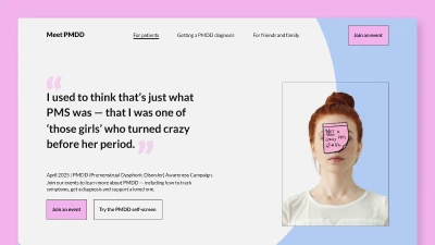 Meet PMDD awareness campaign showing landing page and social media designs