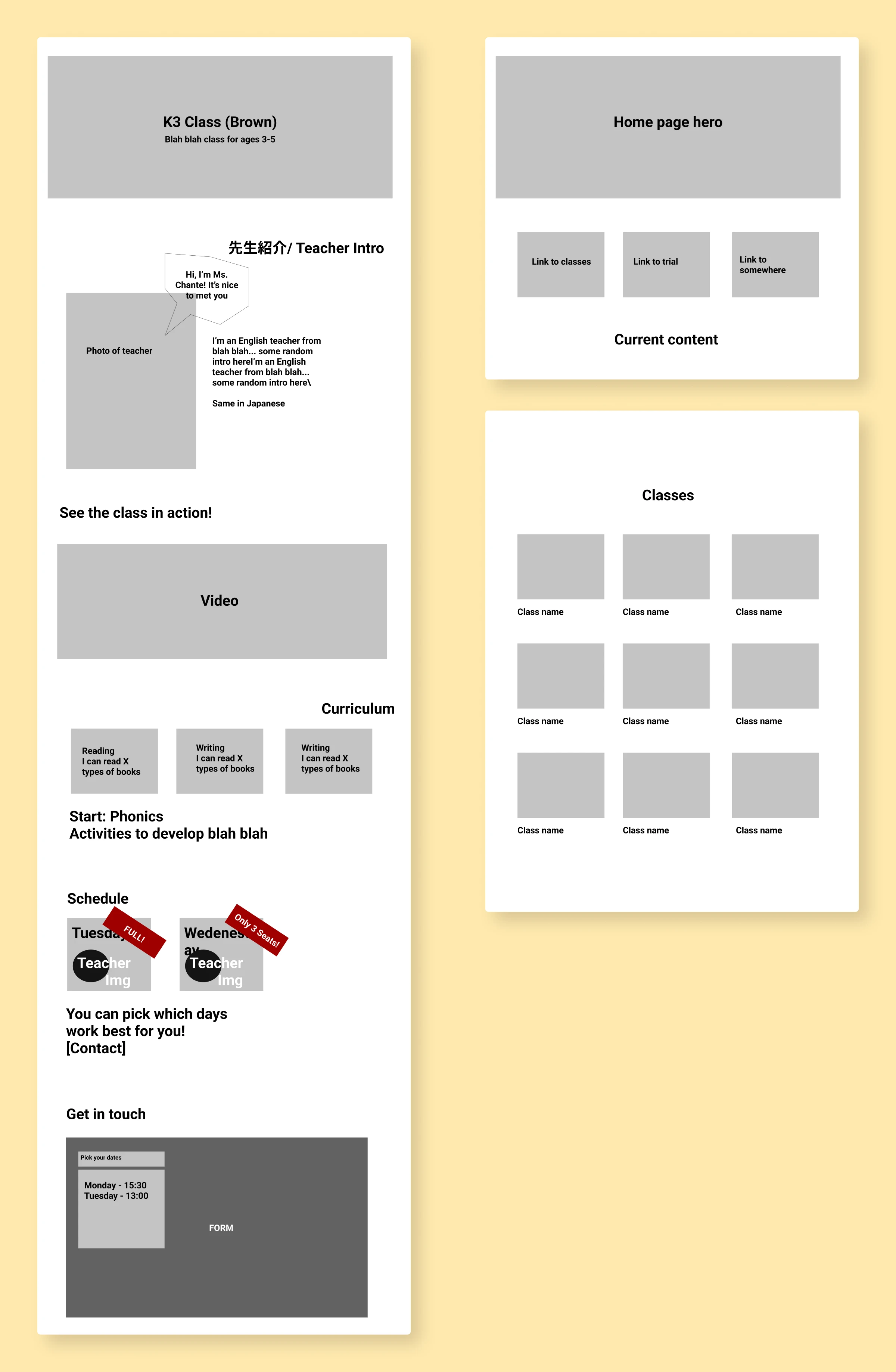 Redesigned class page wireframes